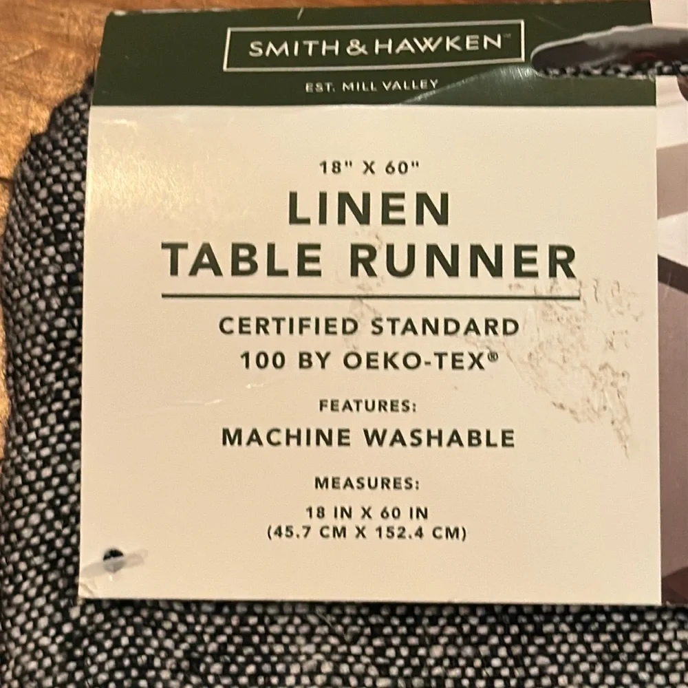 NWT Smith & Harken 100% Linen Table Runner 18” x 60” Black Cream Oeko-Tex NEW